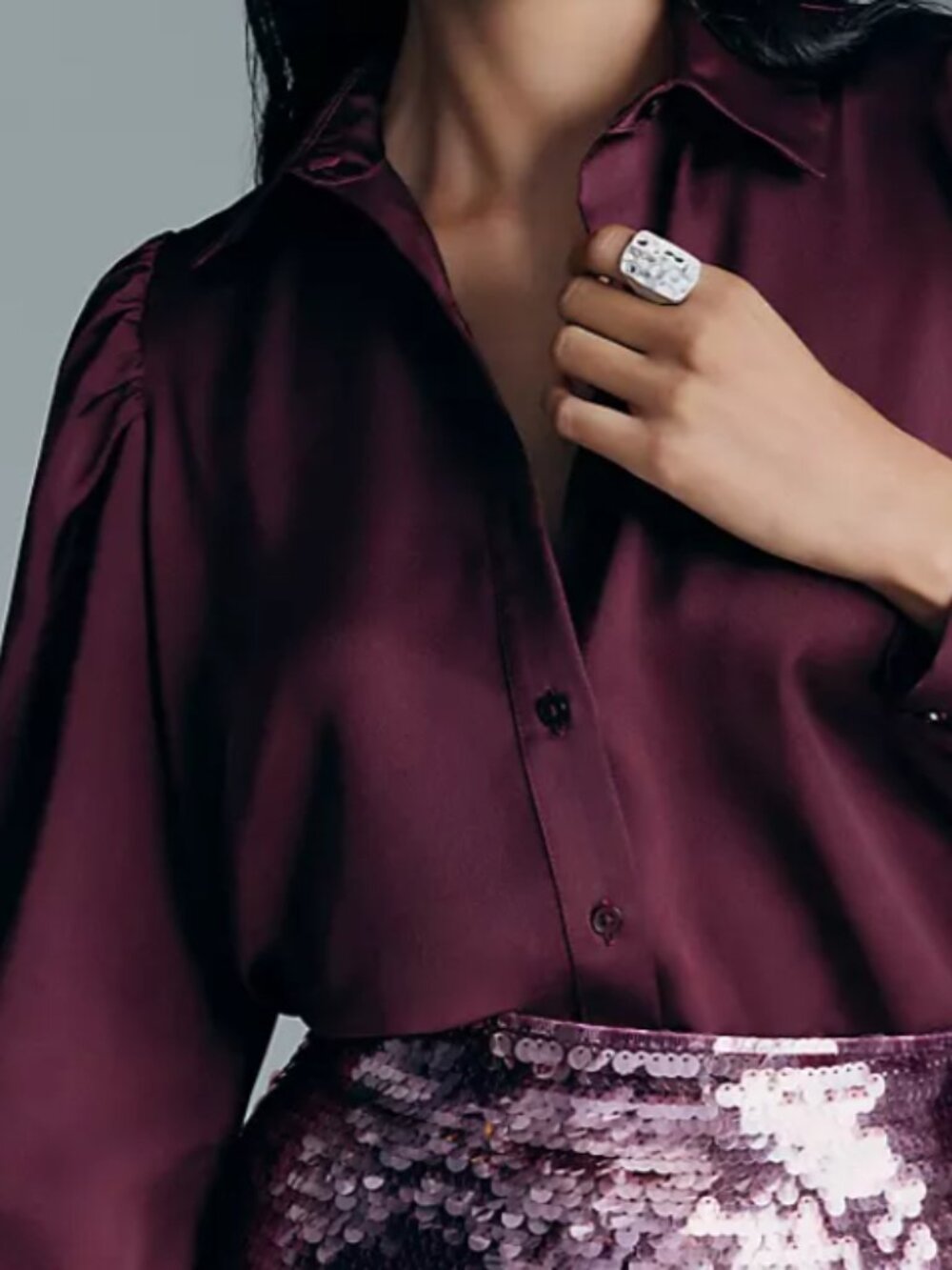 Ann Taylor Petite M Satin Blouson Sleeve Blouse in Poised Plum NWT